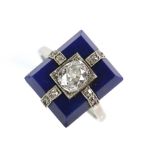 French old cut diamond and lapis lazuli ring, central diamond estimated total 0.76 carats, old cut