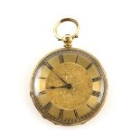 Victorian open faced pocket watch, gilt dial with Roman numerals and minute track, mechanical