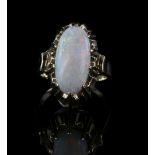 Vintage opal dress ring, oval cabochon cut opal, 17 x 8mm, mount stamped 14ct, ring size M.