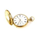 Half hunter gold pocket watch by Russells of Liverpool, white enamelled dial with black Roman