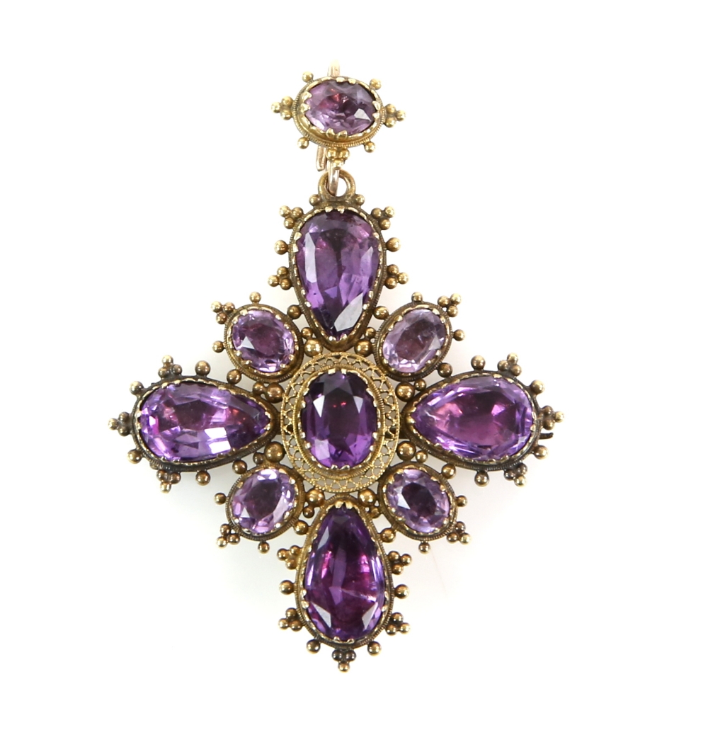 19th C amethyst set cross pendant, with beaded and wirework mount and gem set suspension loop, - Image 2 of 4