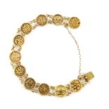 Chinese gold bracelet, round character links connected by belcher links, with concealed clasp,