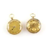Two Victorian gold pocket watches; one gilt dial with Roman numerals and minute track, mechanical