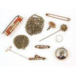 A mixed group of antique gold items, including a Victorian coral brooch, 4.8 x 1cm, double sided