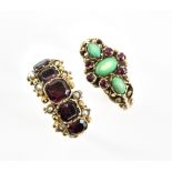 A 19th C gold ring set with garnets and seed pearls in a closed back setting and another with