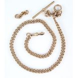 Gold Albert chain, graduated curb links, with T-bar, bolt ring and swivel clasp, 38cm in length