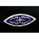 19th C Navette form brooch set with Rose cut diamonds, blue and white enamel, with later pin and