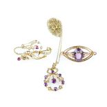 Edwardian amethyst and seed pearl pendant, 9 ct gold, Amethyst brooch, mounted stamped 15 ct, 3.7