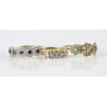 Five stone blue diamond ring, all four-claw set and surrounded by white diamonds, 9 ct gold, ring