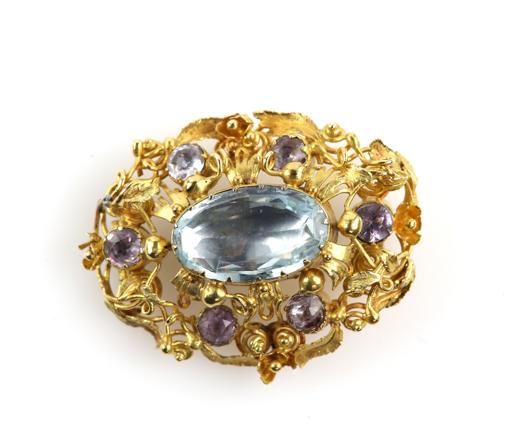 Regency floral brooch, set with foil backed central oval cut aquamarine and six round cut amethyst - Image 2 of 4