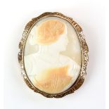 Large Victorian cameo, portrait of a lady, mount with foliate engraving, testing as 9 ct, pin and