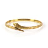 1920's gold snake arm bangle in the form of a snake, diamond pattern engraving, marks for 15 ct