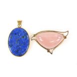 Rose quartz brooch and lapis lazuli pendant, both mounts marked for 9 ct gold. CONDITIONRose