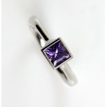 Jon Dibben square cut purple sapphire ring, estimated sapphire weight 0.77 carats, rub over set in