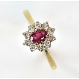 A ruby diamond cluster ring, mounted in 18 ct, ring size O and a pair of round brilliant cut diamond