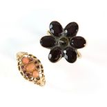 Victorian coral and garnet ring in openwork scroll mount, 18 ct, hallmarks for 1903, and a flat