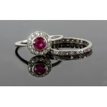 Mid 20th C synthetic ruby and old cut diamond cluster ring, mounted in platinum, ring size S and a
