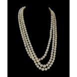 Graduated three strand pearl necklace, diamond set white gold clasp, in 9 ct, approximately 40cm