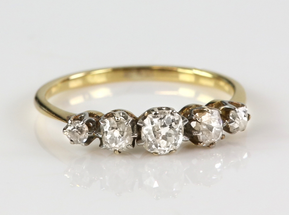 Edwardian ring set with five old cut diamonds, centre stone estimated as 0.30 carat, claw setting,in - Image 2 of 4