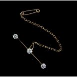Antique diamond bar brooch, three old cut diamonds, estimated total diamond weight 0.75 carats,