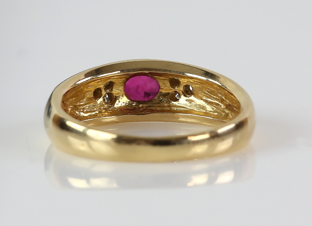 Modern gold band ring inset with a ruby and six small diamonds, marks for 18 ct gold, ring size - Image 5 of 6