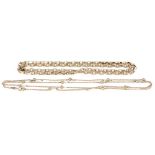 Two gold chains, one fancy belcher link, lobster clasp, 52cm in length, and ball and curb link