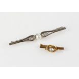 Edwardian pearl and diamond set bar brooch in 18 ct gold and a small knot brooch set with an old cut