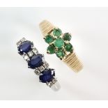 Two gem set rings, one set with three oval cut sapphires and ten Swiss cut diamonds, mount stamped