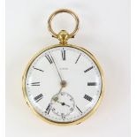 Gold pocket watch with enamel dial marked 17828, with black roman numeral hour markers and