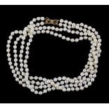 Double strand of cultured pearls to a gold bow clasp, pearls of uniform colour and size, 4.8-5.2 mm,