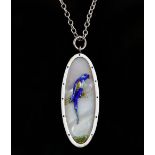 Edwardian enamel and mother of pearl parrot pendant, mounted in sterling silver, 6 x 2cm, on a later
