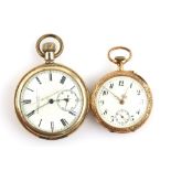 A ladies open face pocket watch in gold case ,the white enamel dial with Arabic numeral hour markers
