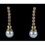 Diamond and pearl drop earrings, each set with five diamonds in rub over setting, marks for 18 ct