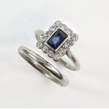 Sapphire and diamond ring, rectangular cut sapphire, estimated weight 0.72 carats, surrounded by