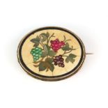 19th C Pietra Dura oval brooch, decorated with grapes, mount testing as 9 ct, pin and catch