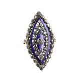 Georgian period marquise set ring, blue enamel set with rose cut diamonds, silver and 9 ct gold