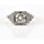 Art Deco ring, central old cut diamond estimated weight 0.78 carats, Swiss cut diamond set