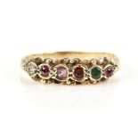 Vintage Regard ring, set with round cut ruby, emerald, garnet, amethyst, ruby and diamond, mounted