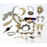 Liberty box containing costume jewellery, including a large paste set lizard brooch, crescent