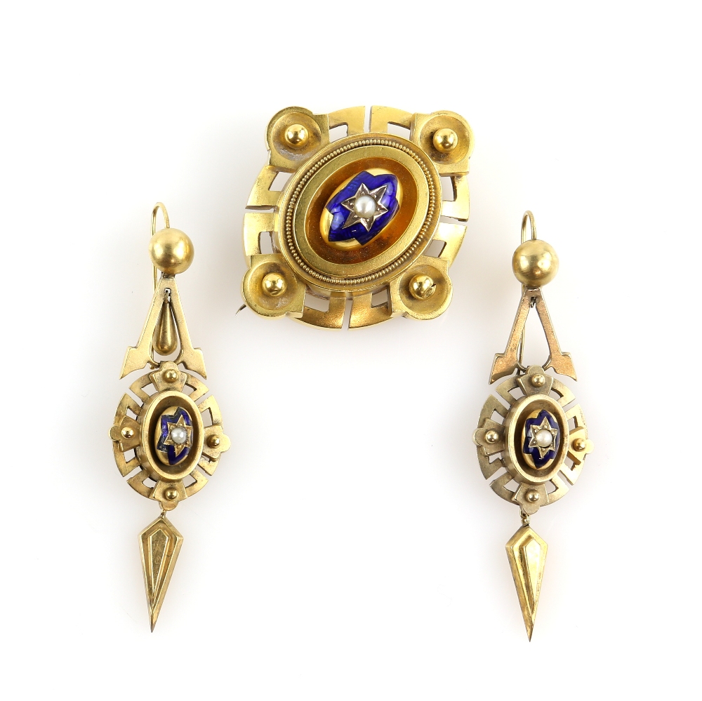 Victorian gold suite pendant/brooch with matching drop earrings, with blue star enamel and seed - Image 2 of 4