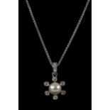 Diamond and cultured pearl set pendant in white gold, on fine chain, both with marks for 18 ct,