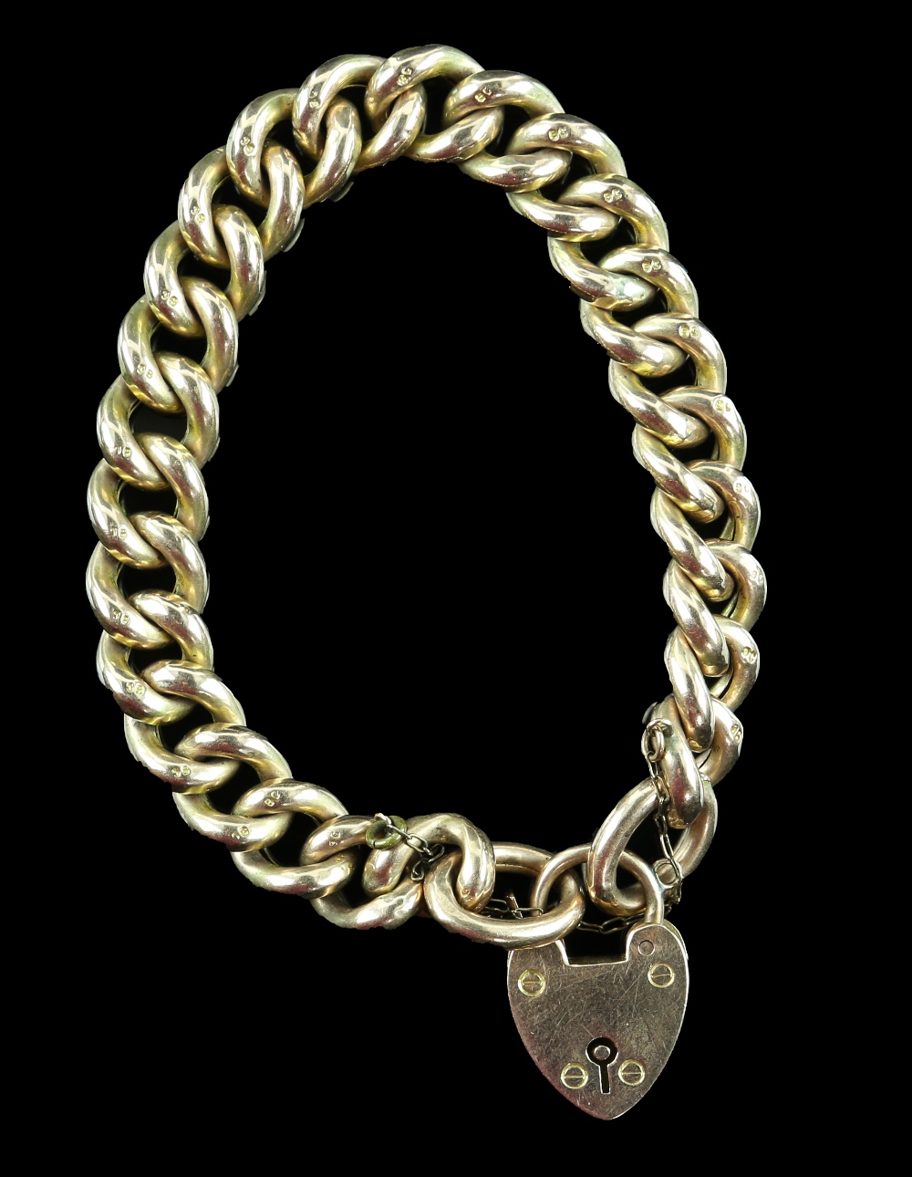 Edwardian gold bracelet, curb links each stamped 9 ct, with padlock heart clasp, hallmarked - Image 2 of 2