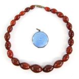 Amended Description - 1920's graduated agate bead necklace, 39.5cm in length and a blue enamel
