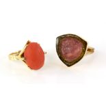 Vintage abstract design rings, watermelon tourmaline ring, flat cut stone in split square section