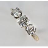 Diamond ring, set with three transitional cut diamonds, estimated total diamond weight 0.80 carat,