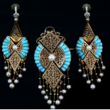 Spanish style turquoise and pearl pendant brooch and earring set, with openwork detail, bearing