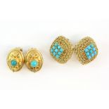 Two pairs of turquoise set earrings, a diamond weave design with a central turquoise cluster