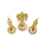 Victorian gold Etruscan style pendant, brooch and earrings suite, with floral and wirework