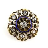 Antique enamel and diamond brooch, set with rose cut diamonds and enamelled bands in high relief,