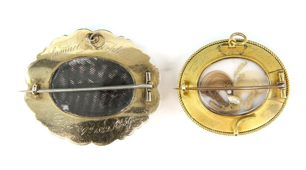 Two Victorian black enamel mourning brooches, one central hair panel surrounded by a fresh water - Image 3 of 4